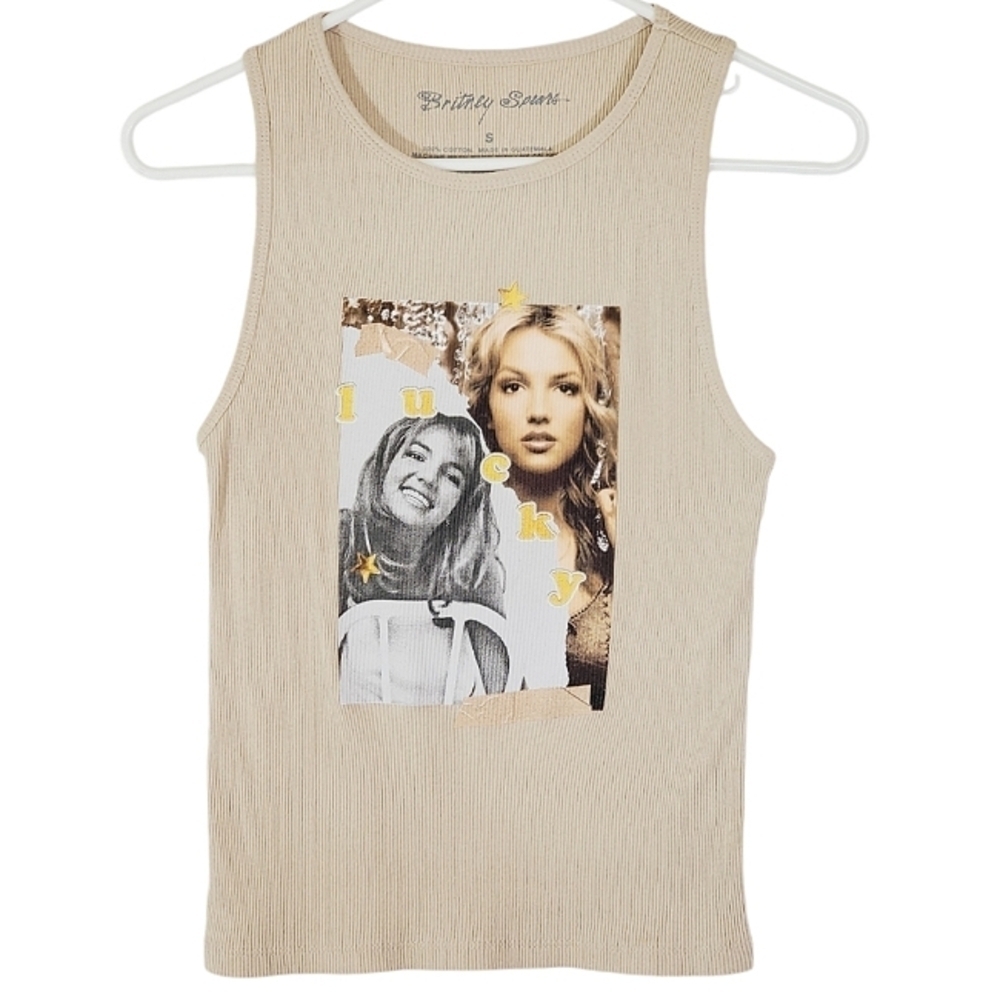 1369 * Britney Spear Lucky Graphic Tank Tan Size S Juniors? Y2K 90s
